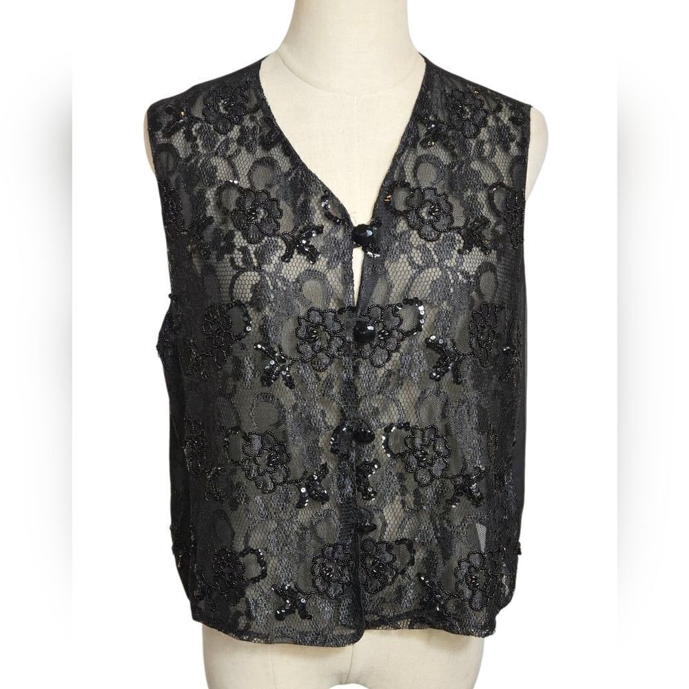 Carole Little Sheer Beaded Black Fairt Lace Floral Vest Top